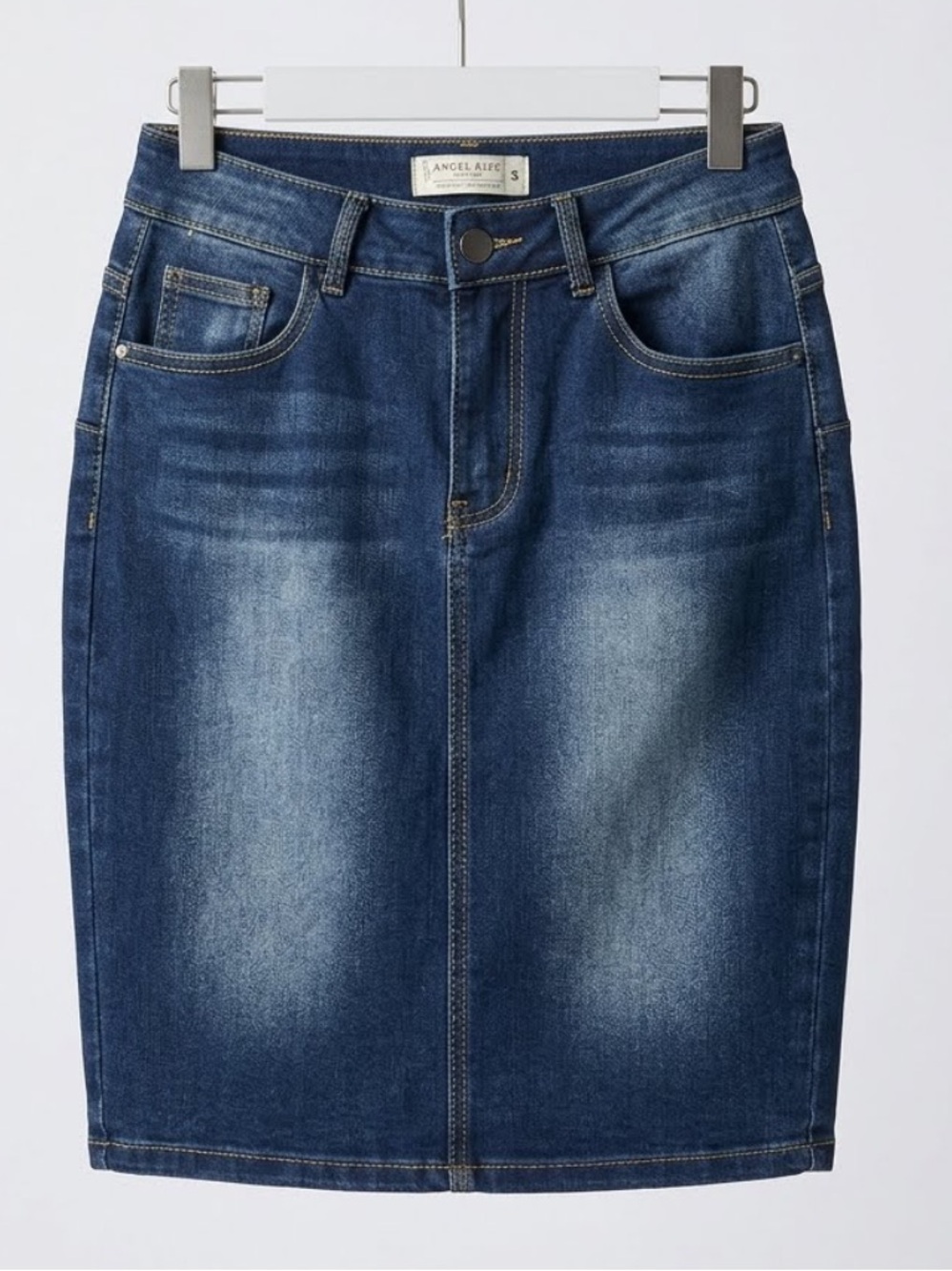 Dark Blue Denim Pencil Skirt w/  Contrast Stitching - small - wardrobe staple